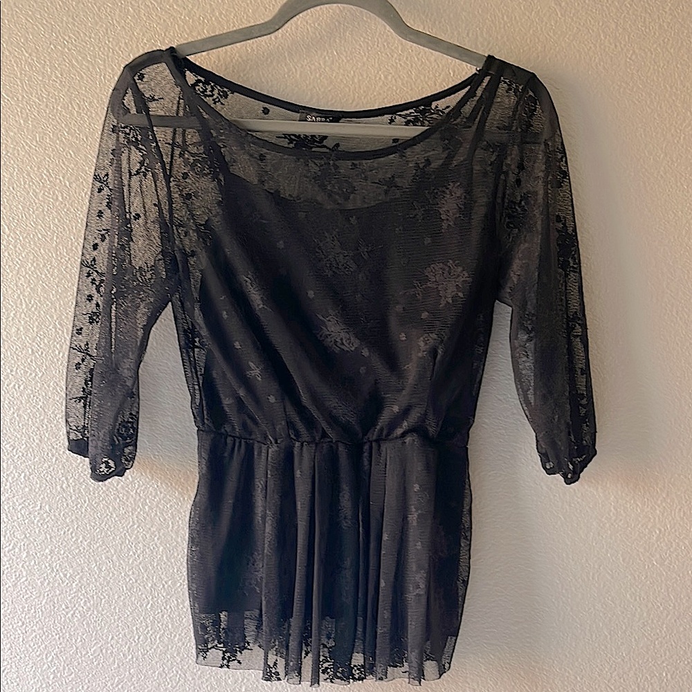 (3 for $19) Elegant Black Lace peplum Top. Size S